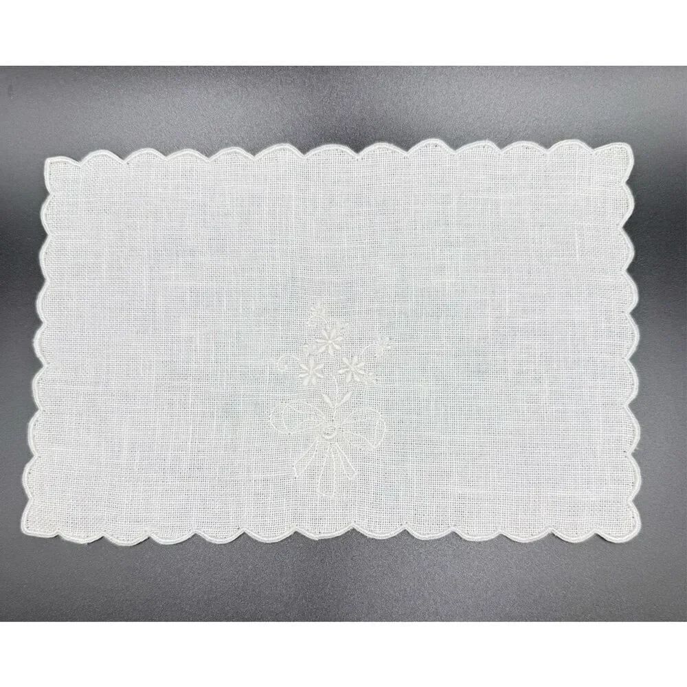 Linen Cocktail Napkins Set of 6 White On White Floral Embroidery 5.5” X 8”